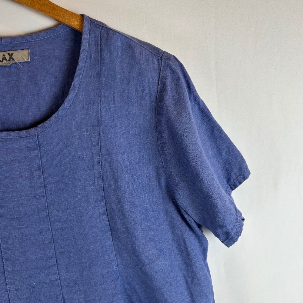 FLAX Womens Blue 100% Linen Short Sleeve Scoop Neck Boxy Top - Picture 8 of 8